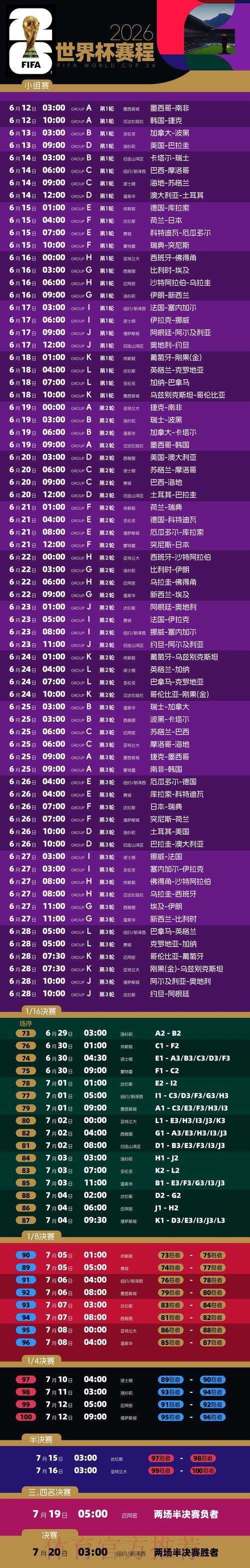 2026世界杯比赛时间一览比赛时间表实时查看